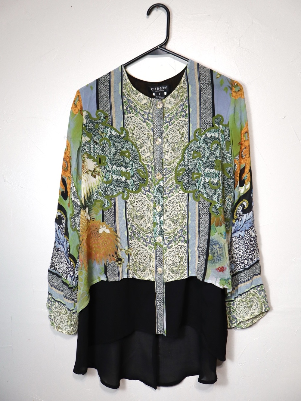 Citron 100% Silk Vintage Green + Blue + Orange Multiprinted Layered Blouse